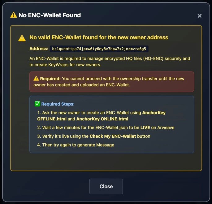 HQ-ENC Wallet Required Error Screenshot